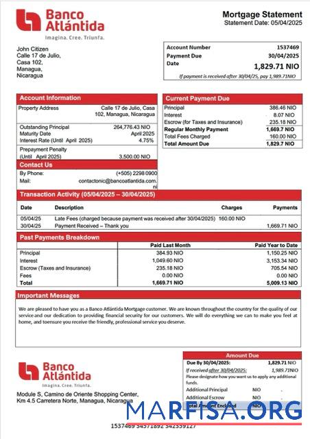 Printable Nicaragua Banco Atlántida mortgage statement Word and PDF template